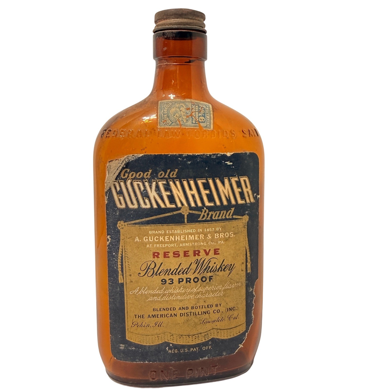 Vintage Guckenheimer Reserve Blended Whiskey Amber Glass Bottle One Pint *EMPTY*