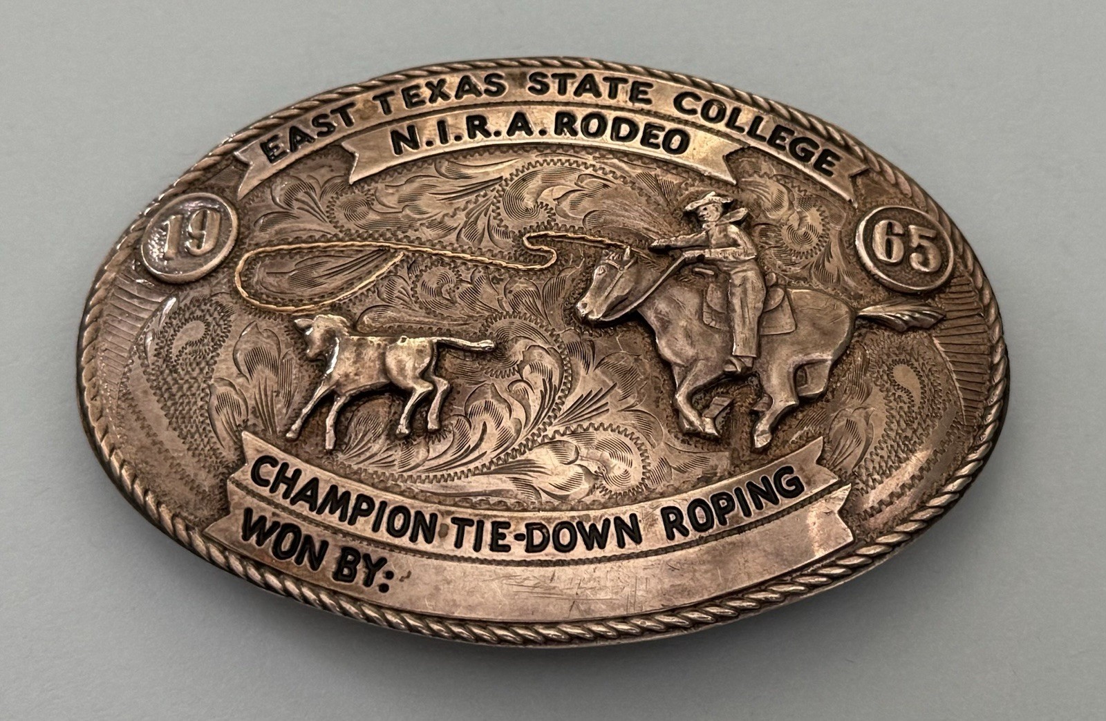 1965 E Texas St College Rodeo Sterling Silver Nelson Silvia Trophy Belt Buckle 1965 E Texas St College Rodeo Sterling Silver Nelson Silvia Trophy Belt Buckle