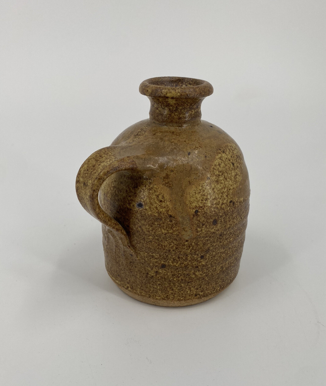 Small Brown/Tan Stoneware Pottery Glazed Handled Primitive Jug/Pitcher Signed Z8