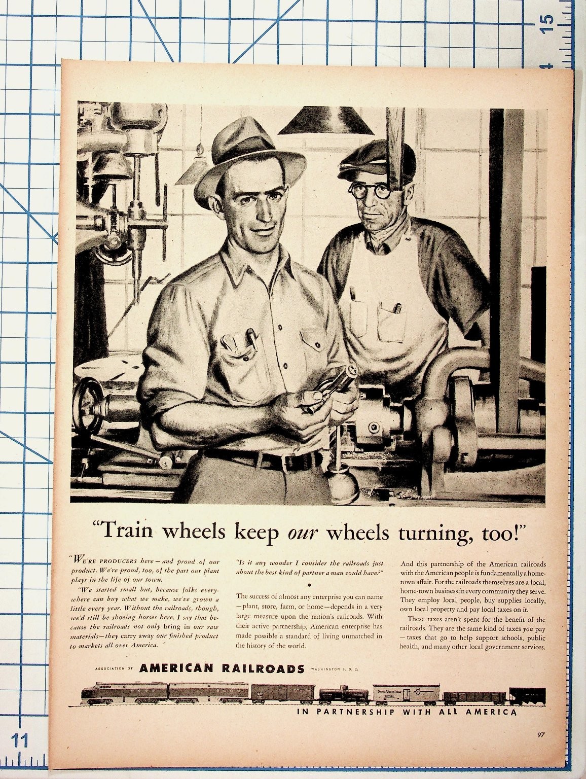 Vintage 1940s-50s American Railroads Ad Train Wheels Factory Workers Santa Fe