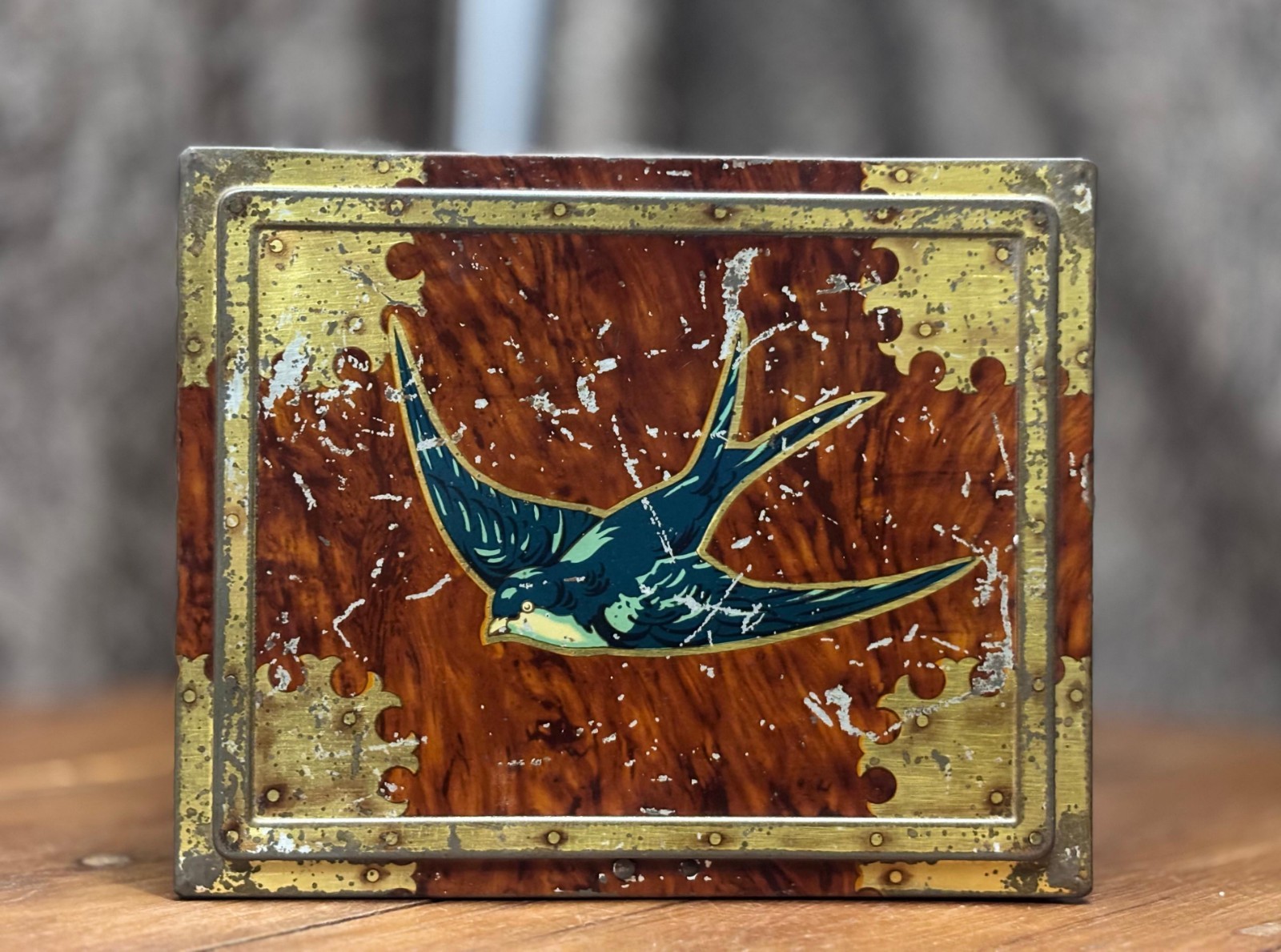 Vintage Blue Bird Design Chocolate Harry Vincent Empty Tin Box With Key England.