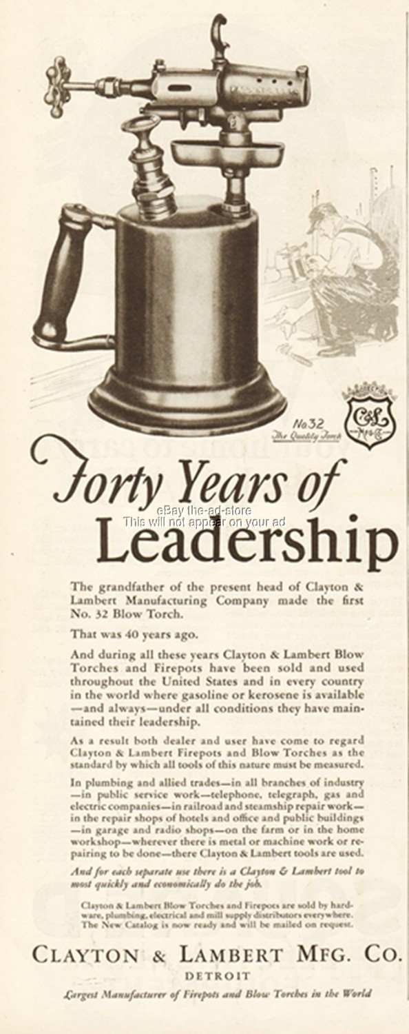 1927 Clayton & Lambert Vintage Ad No. 32 Blow Torch C&L Detroit MI 20's Ephemera
