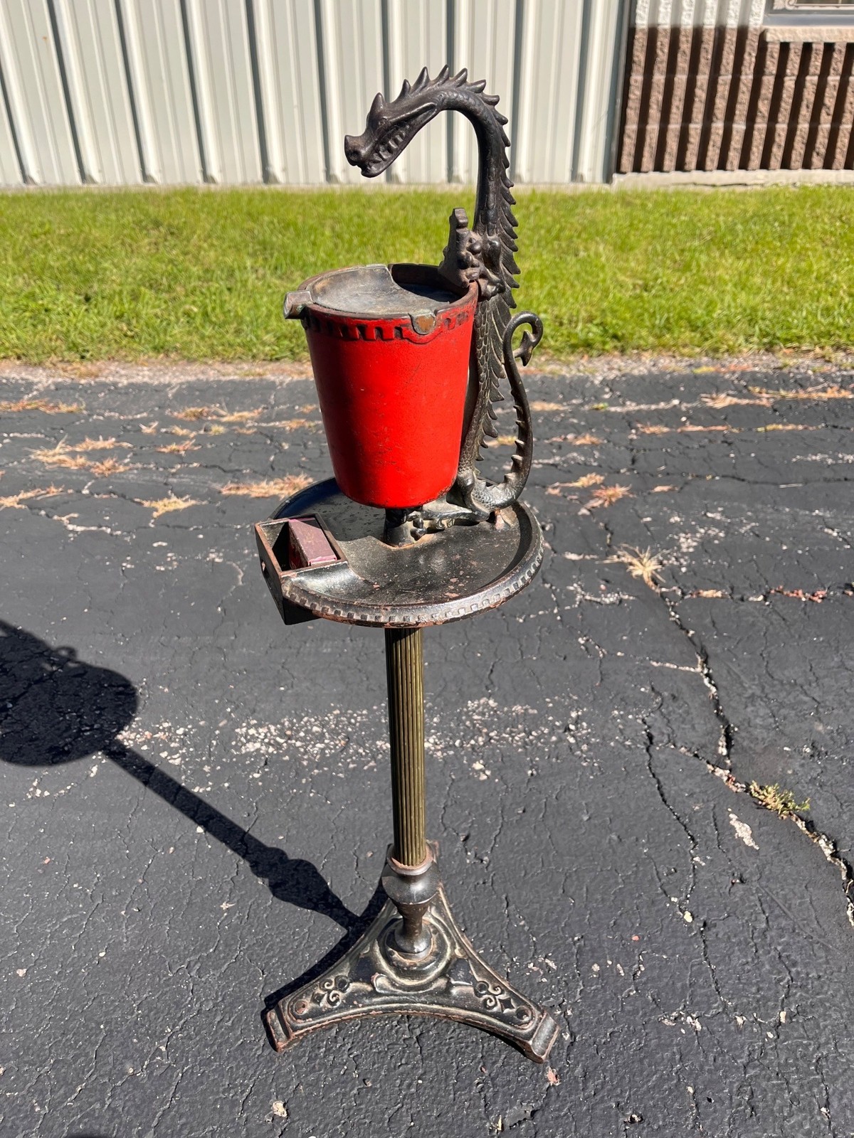 Antique 1920s Scroll Art Co Cast Iron Original Red Color Dragon Standing Ashtray