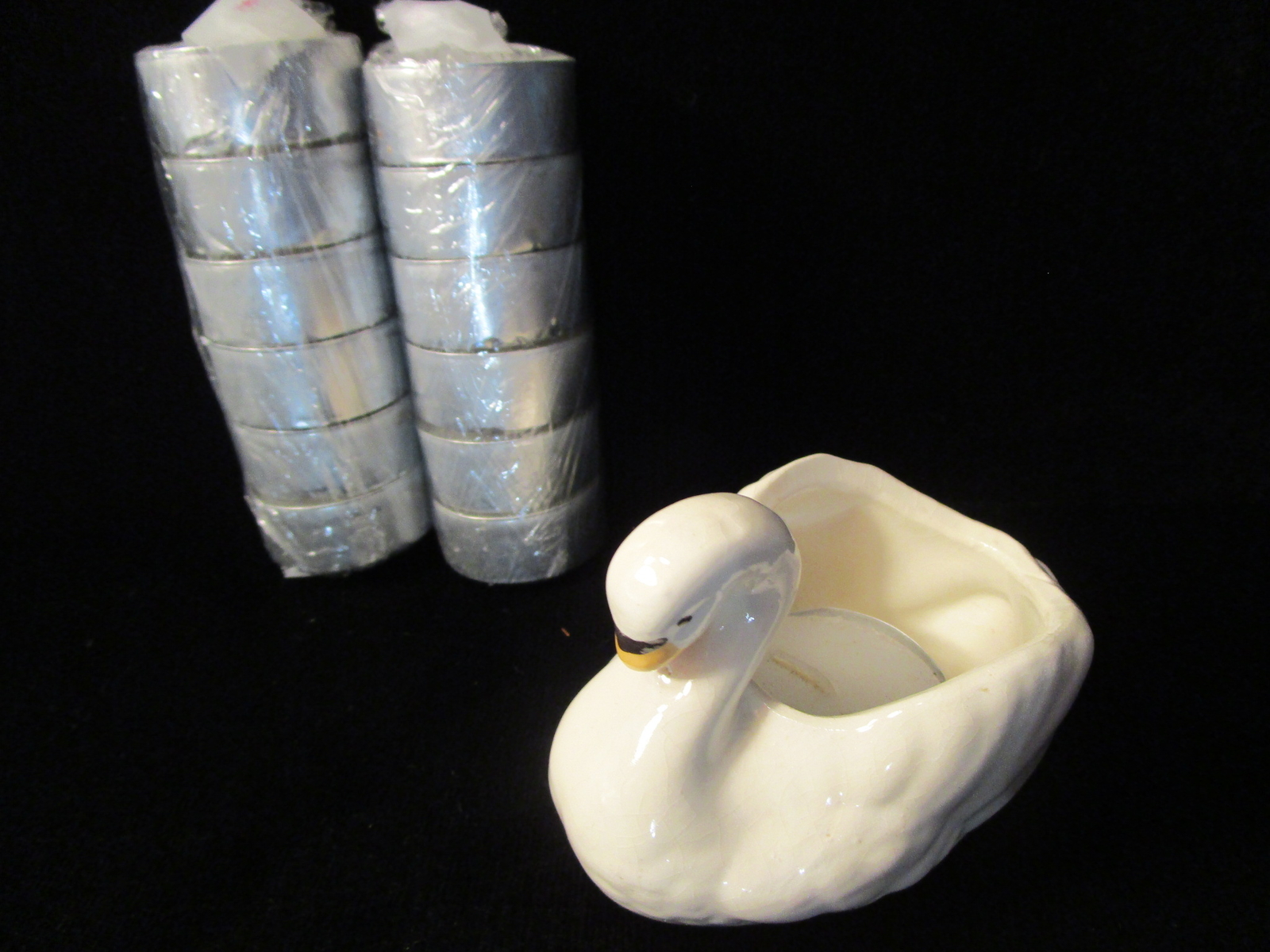 Vtg CERAMIC SWAN CANDLE HOLDER w/ tea candles CANDY TRINKET BOWL DISH