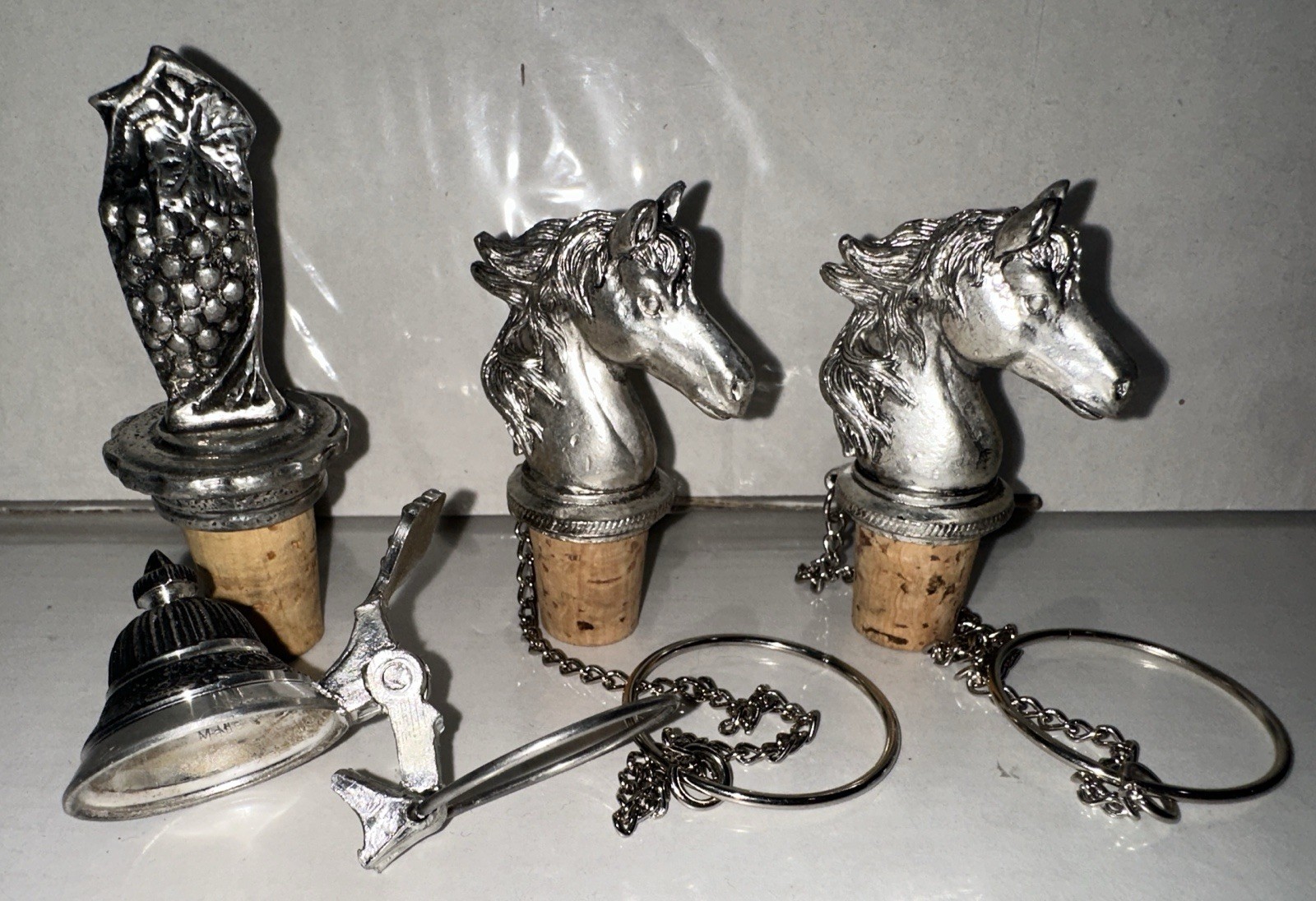 Vintage BMF Germany Pewter Barware Set: 2 Horse Stoppers, Grape & Pourer 