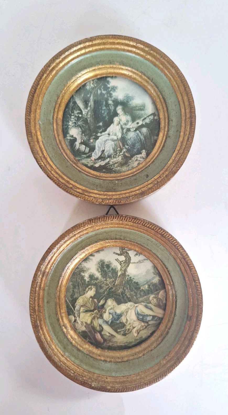 Vtg Italian Round Miniature Prints Gilt  Sage Green Distressed Wood Frame Rococo