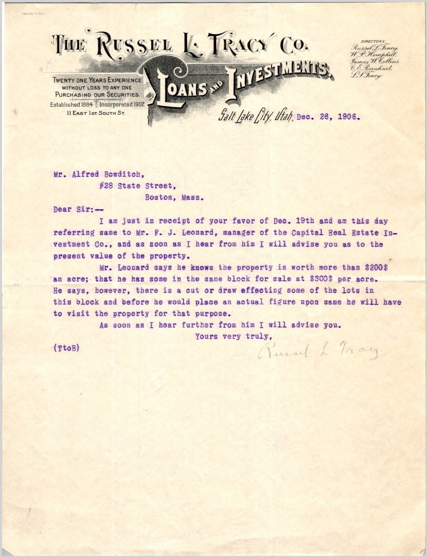 Russell L Tracy Co Salt Lake City 1906 Land Valuation Letter Loans & Investments Russell L Tracy Co Salt Lake City 1906 Land Valuation Letter Loans & Investments