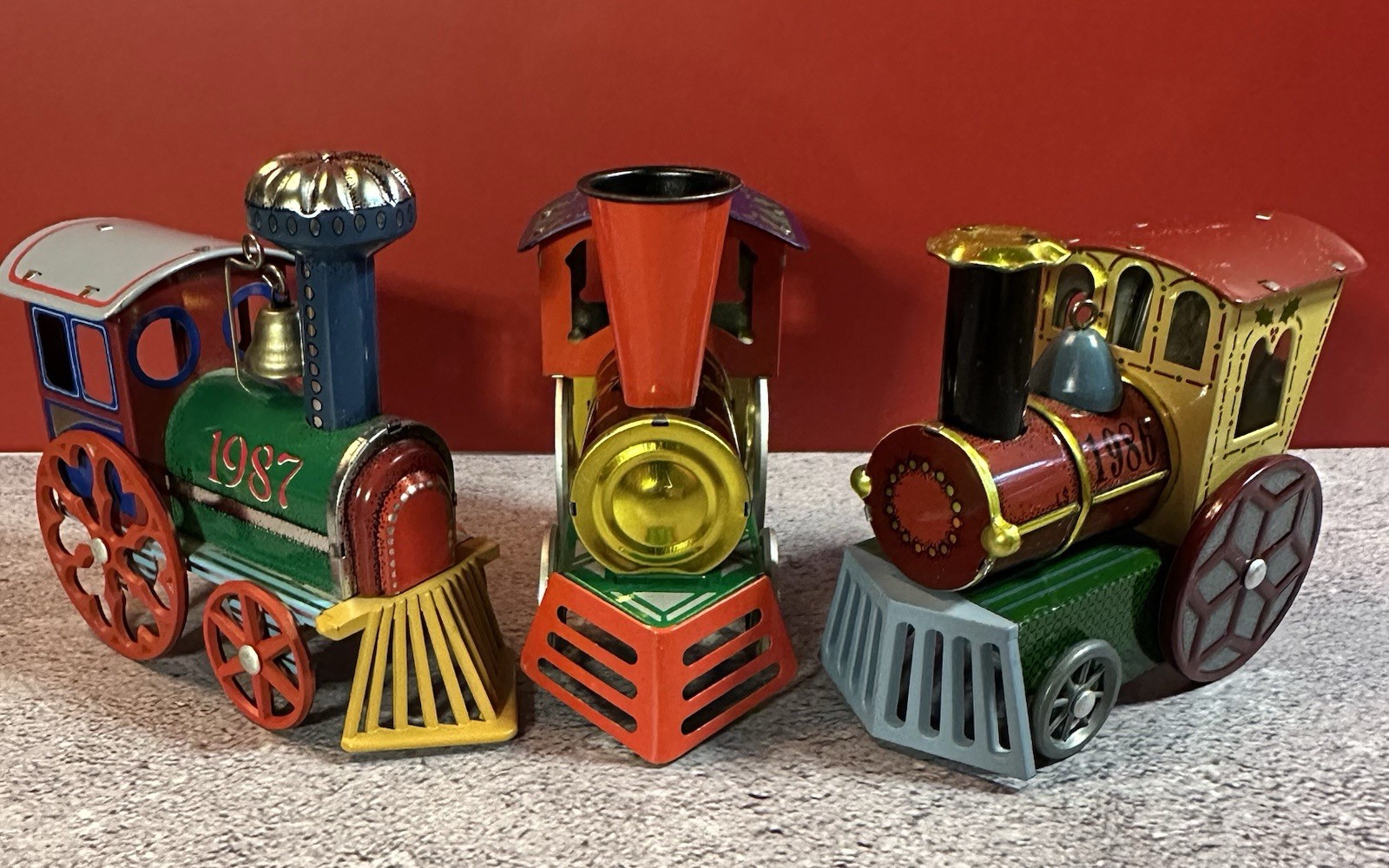 Lot Set 3 1980\'s Vintage Hallmark Christmas Ornament Metal Tin Trains Locomotive