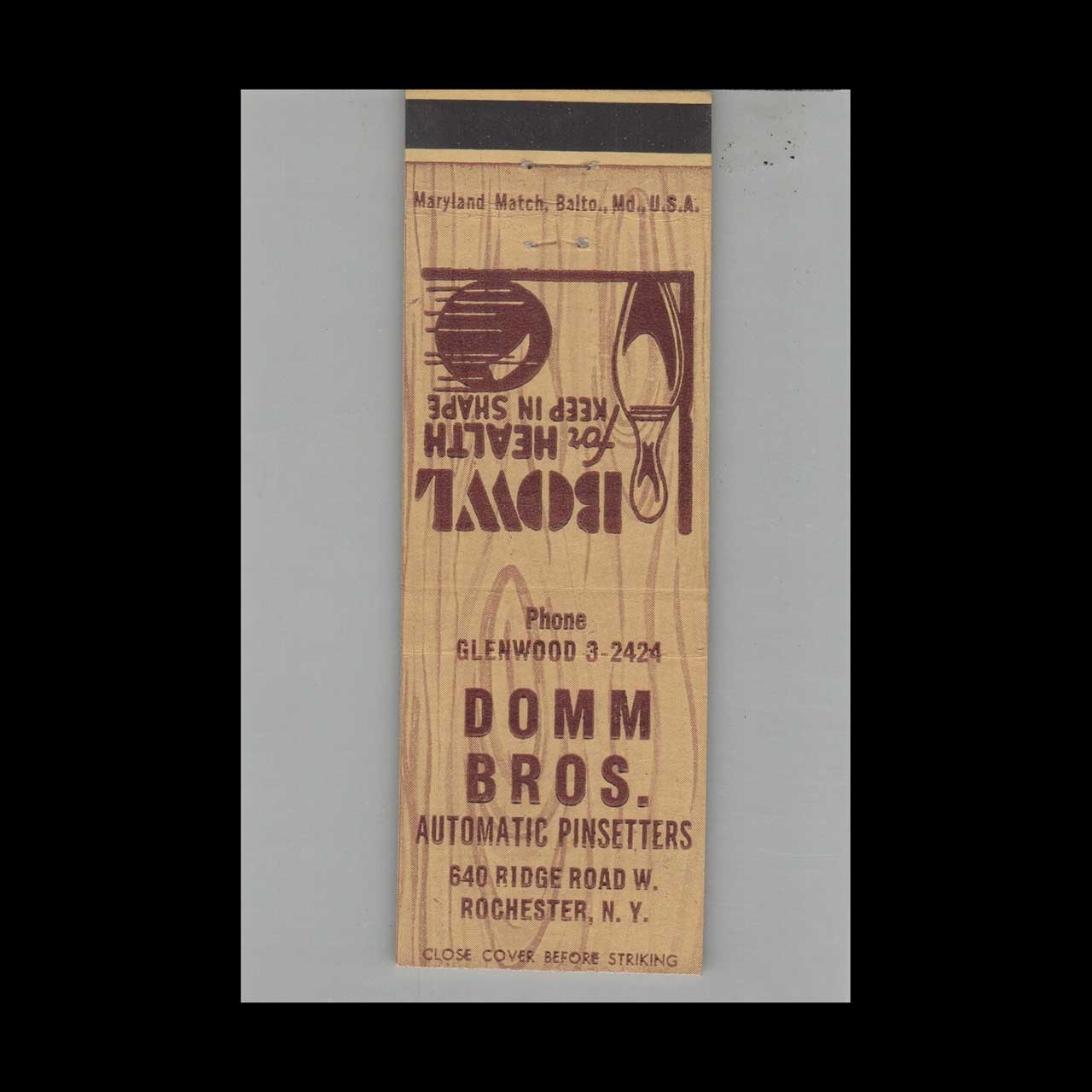 Matchbook Cover Domm Bros Bowling Alley Rochester NY