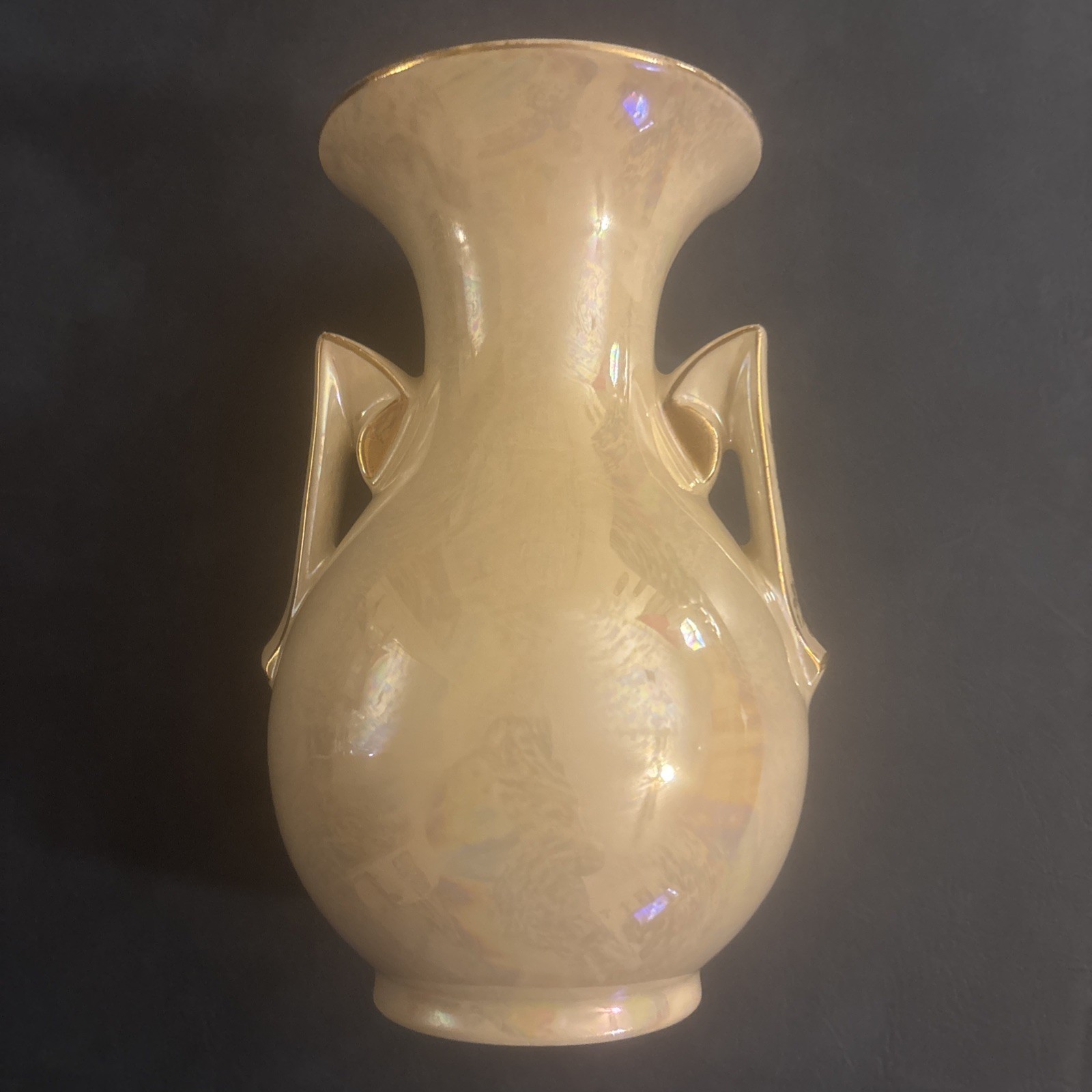 Vintage Pearlescent Iridescent Lusterware Vase Gold Trim & Gold Deco Handles7.5” Vintage Pearlescent Iridescent Lusterware Vase Gold Trim & Gold Deco Handles7.5”
