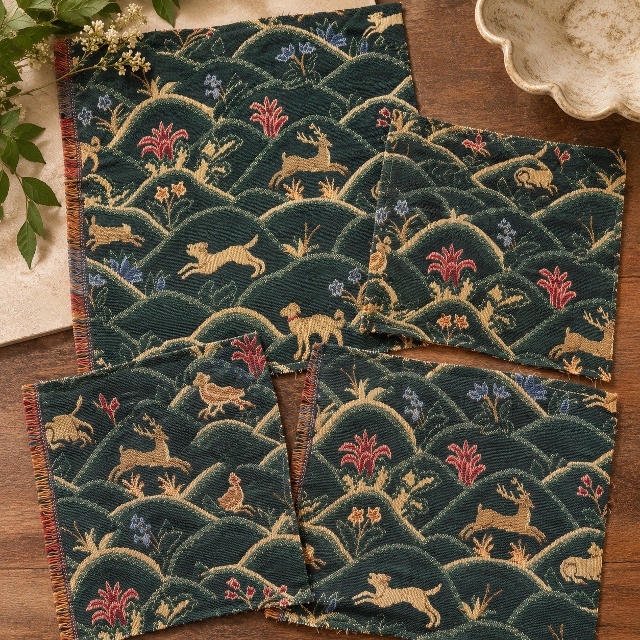 Vintage Woodland Animals Woven Jacquard Tapestry Fabric Samples Deer Rabbit Dog