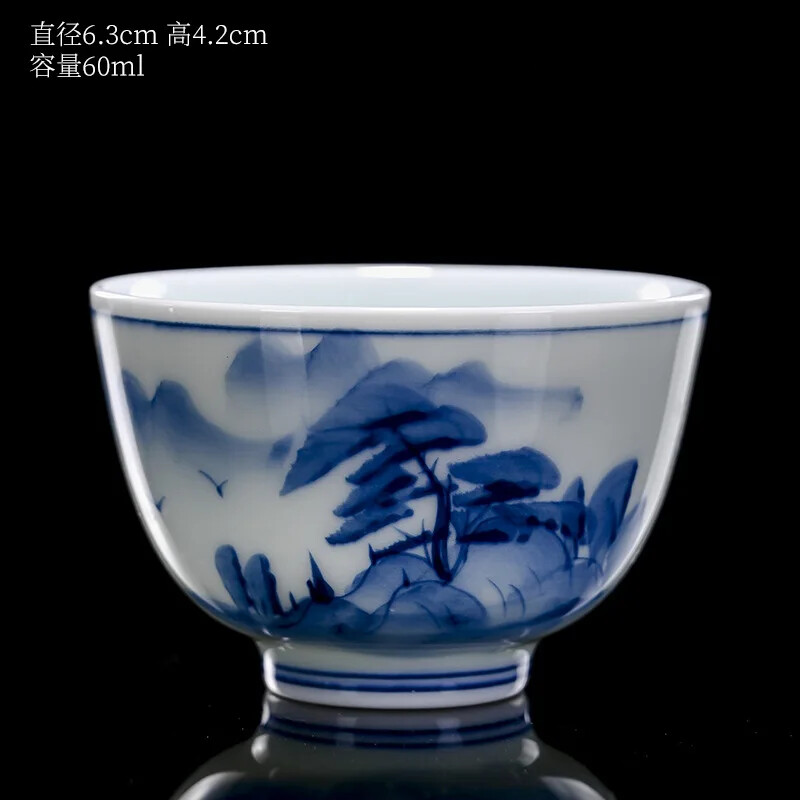 60ml Hand-painted Landscape Tea Cup Blue White Porcelain Shadow Green Tea Bowl