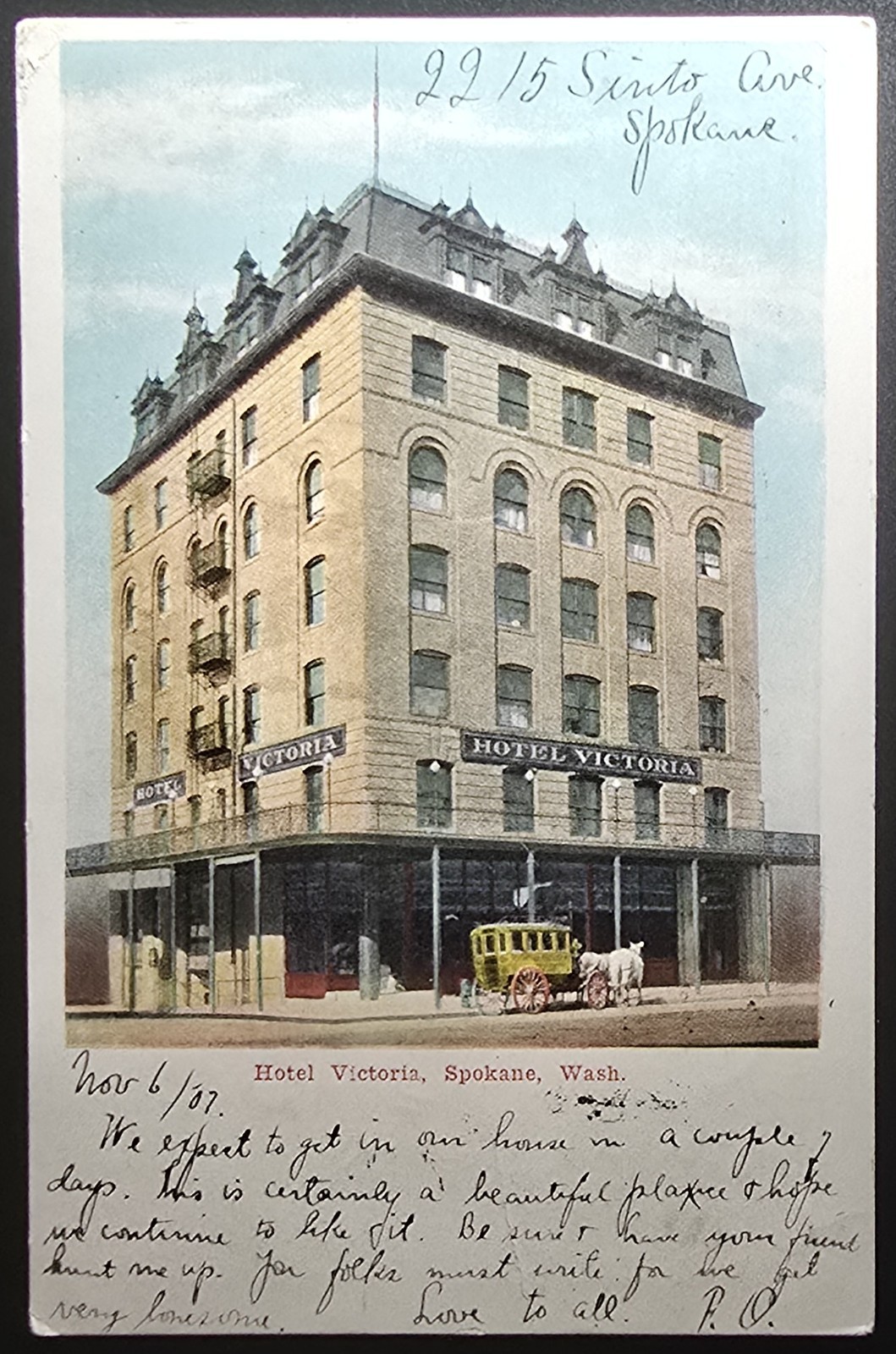 Hotel Victoria Spokane WA Postcard 1907 Horse Carriage Early Spokane View