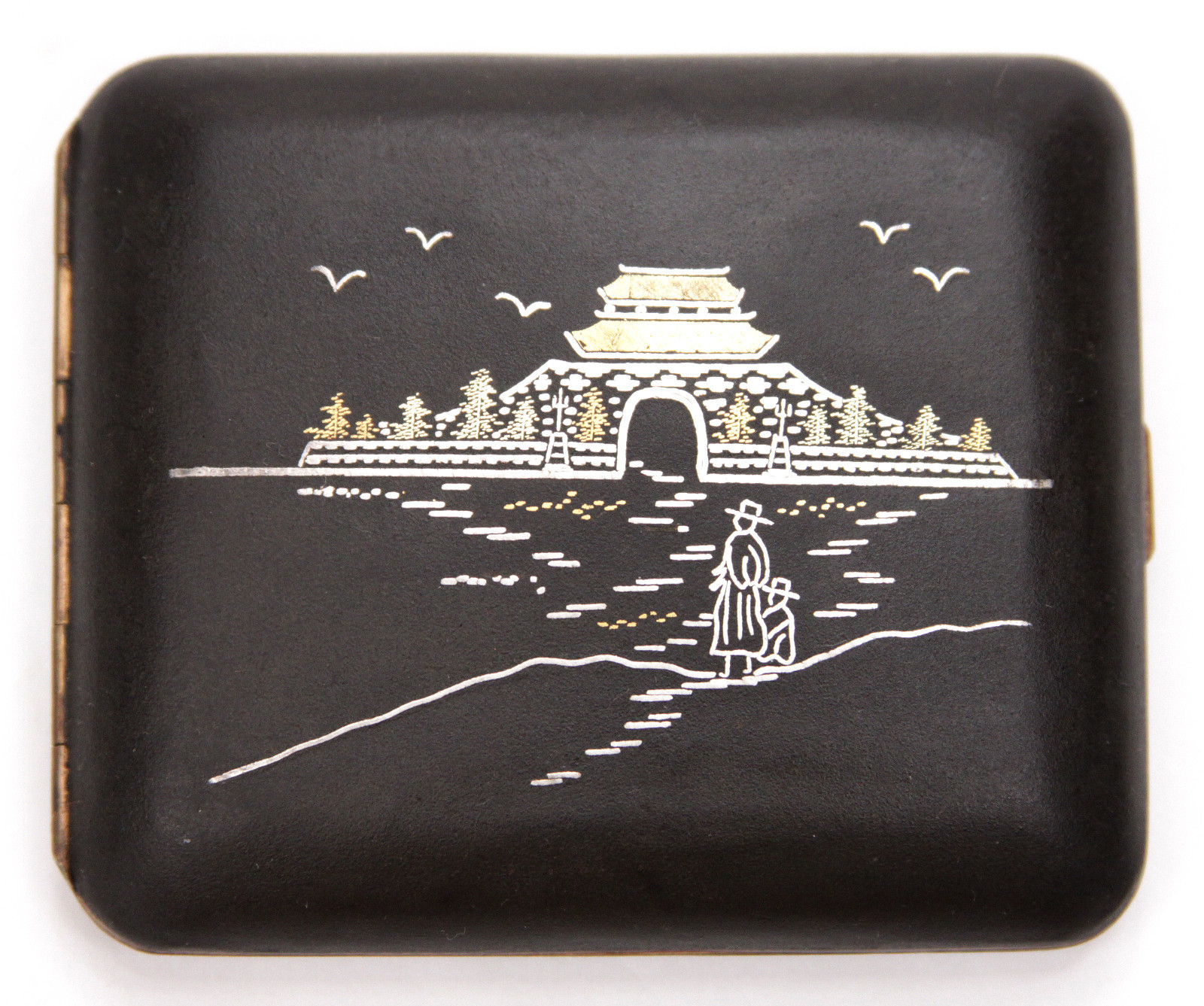 Vintage Japanese Iron Gold Silver Damascene Cigarette Case Korea Temple Komai