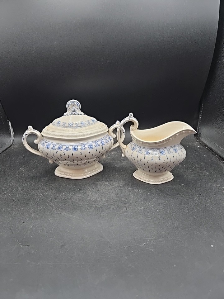 Vintage Spode Copeland Ermine Blue & White Centurion Creamer & Sugar Set