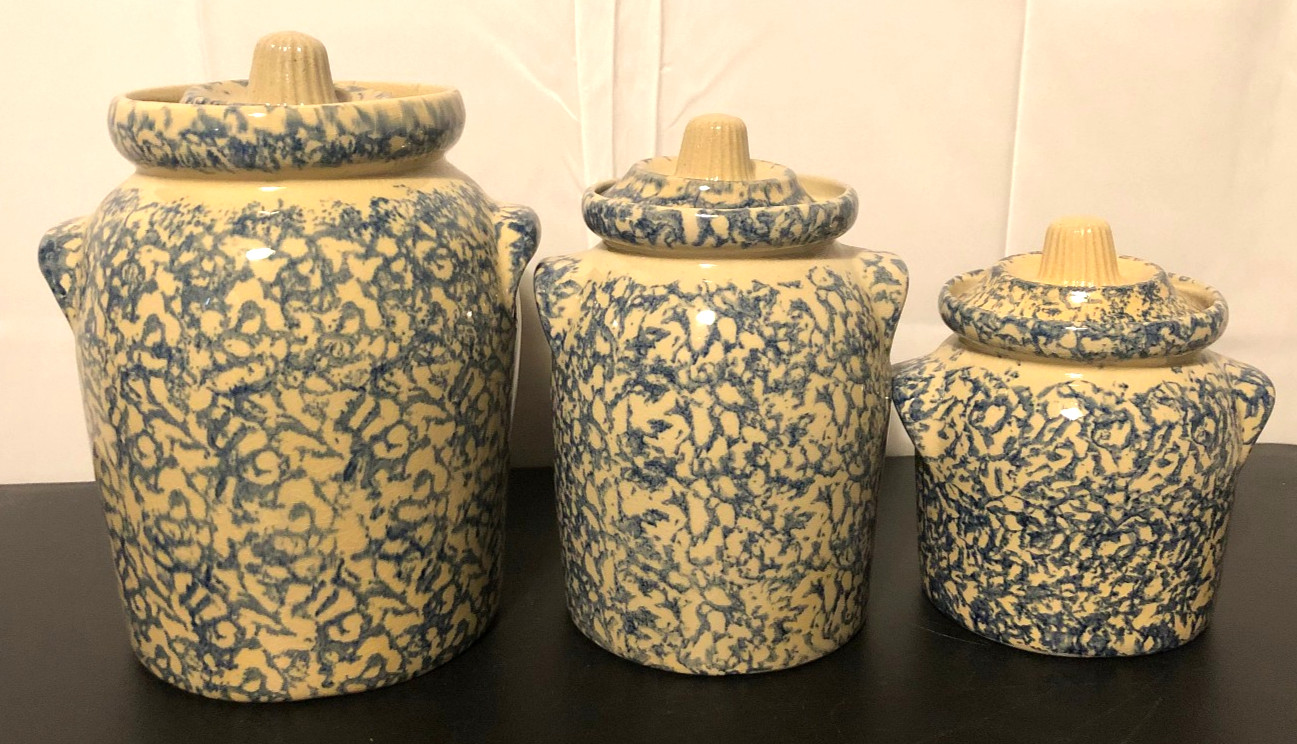 Antique Early 1900s Robinson Ransbottom Stoneware Blue Sponge Canister Set #700