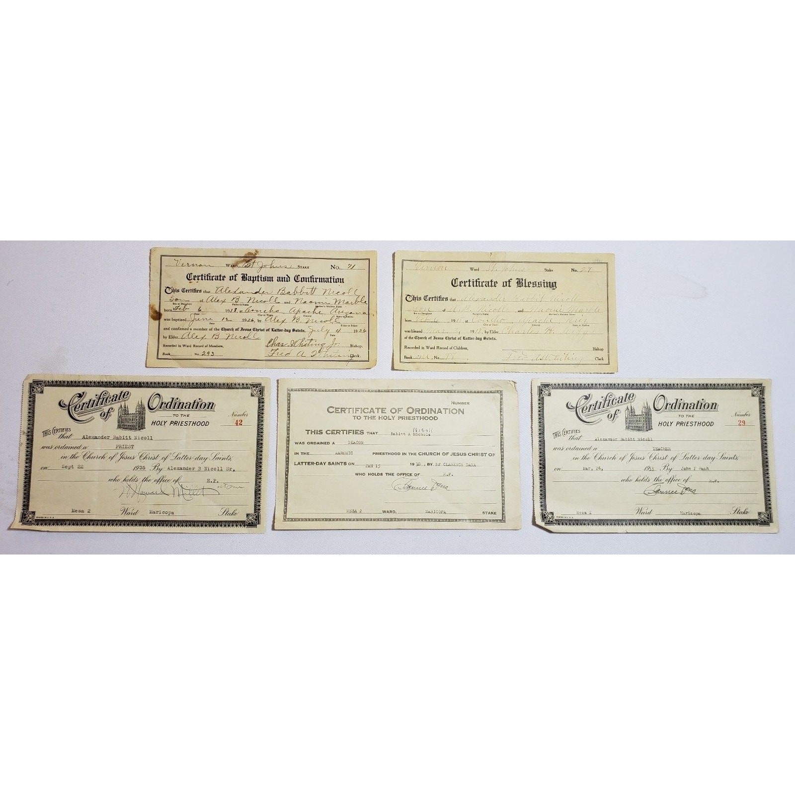 Mormon Paper Certificate of Ordination Priesthood Blessing Baptism 1918-1935