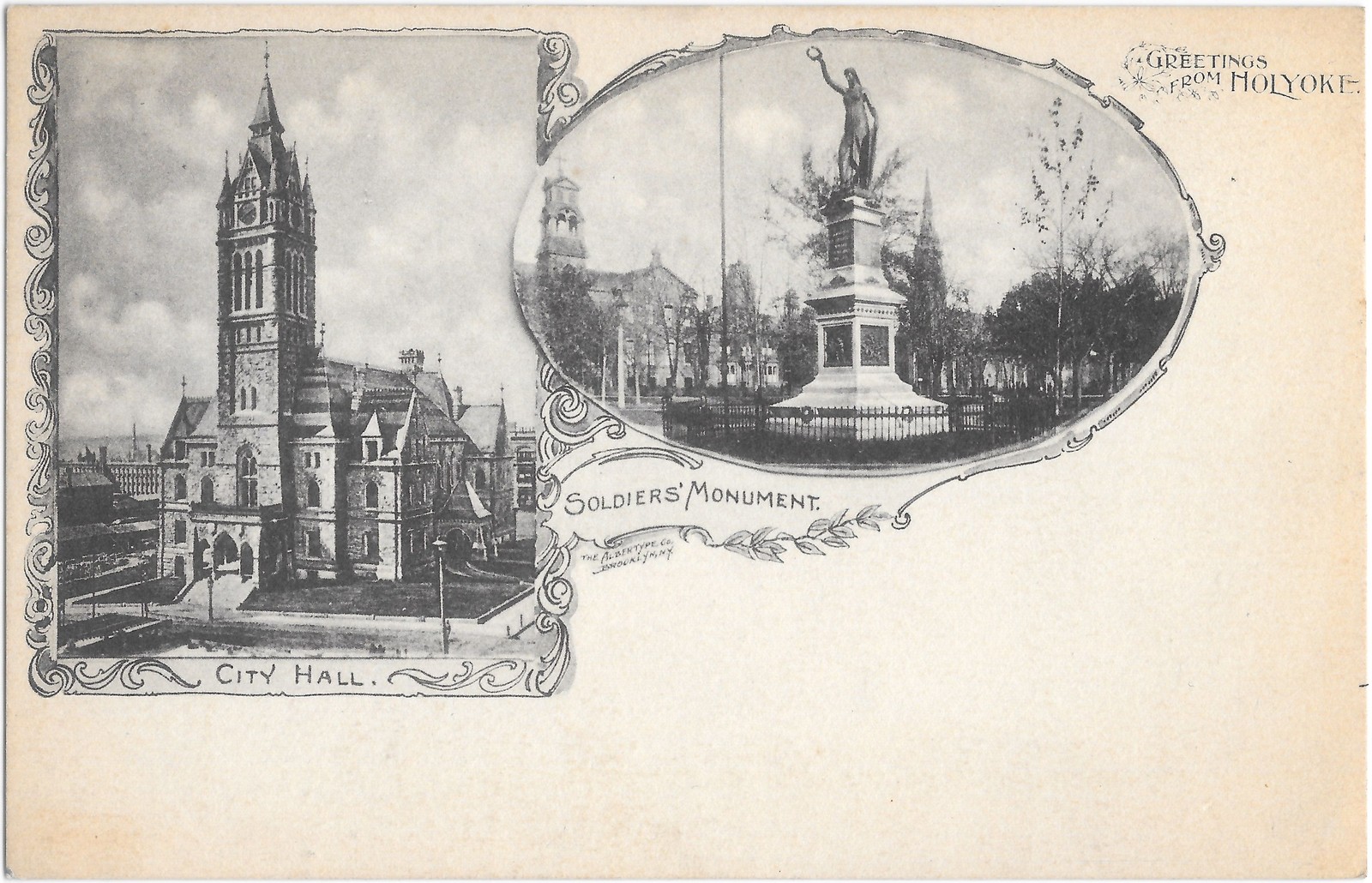 Greetings from Holyoke MA City Hall Soldiers Monument c1905 Postcard