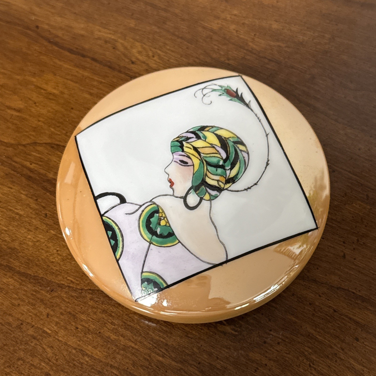 1925 Noritake Art Deco Powder Box Flapper Woman Lady Feathers Hat Ceramic Jar 1925 Noritake Art Deco Powder Box Flapper Woman Lady Feathers Hat Ceramic Jar