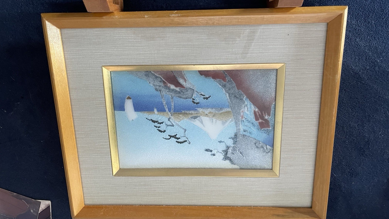 Vintage Japanese Cloisonné Enamel Plaque Mount Fuji Pine Tree Sailboat Framed