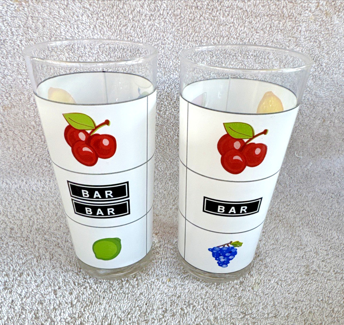 2-VTG Slot Machine Drinking Glasses MCM Bars & Fruit Collectible Casino Decor