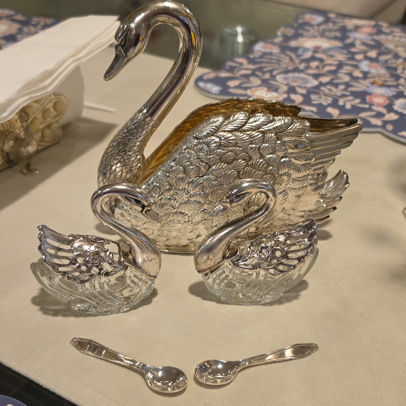 Godinger Silver Plated & Crystal Swan Napkin Holder S/P Cellars W/ Spoons