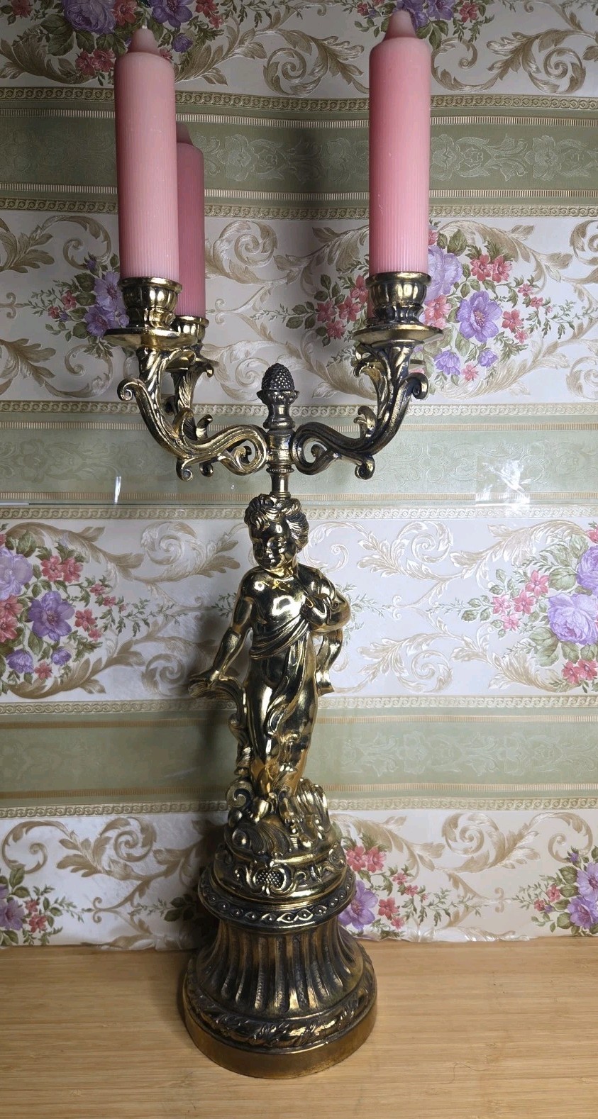 Vintage Bronze Four Arm  Candelabra Carried by a Cherub / Putti  On Base . NICE 