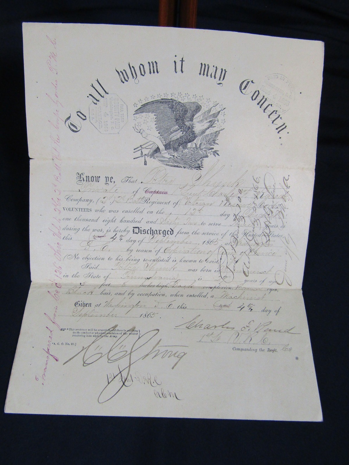 ANTIQUE 1865 CIVIL WAR ARMY SOLDIER DISCHARGE DOCUMENT