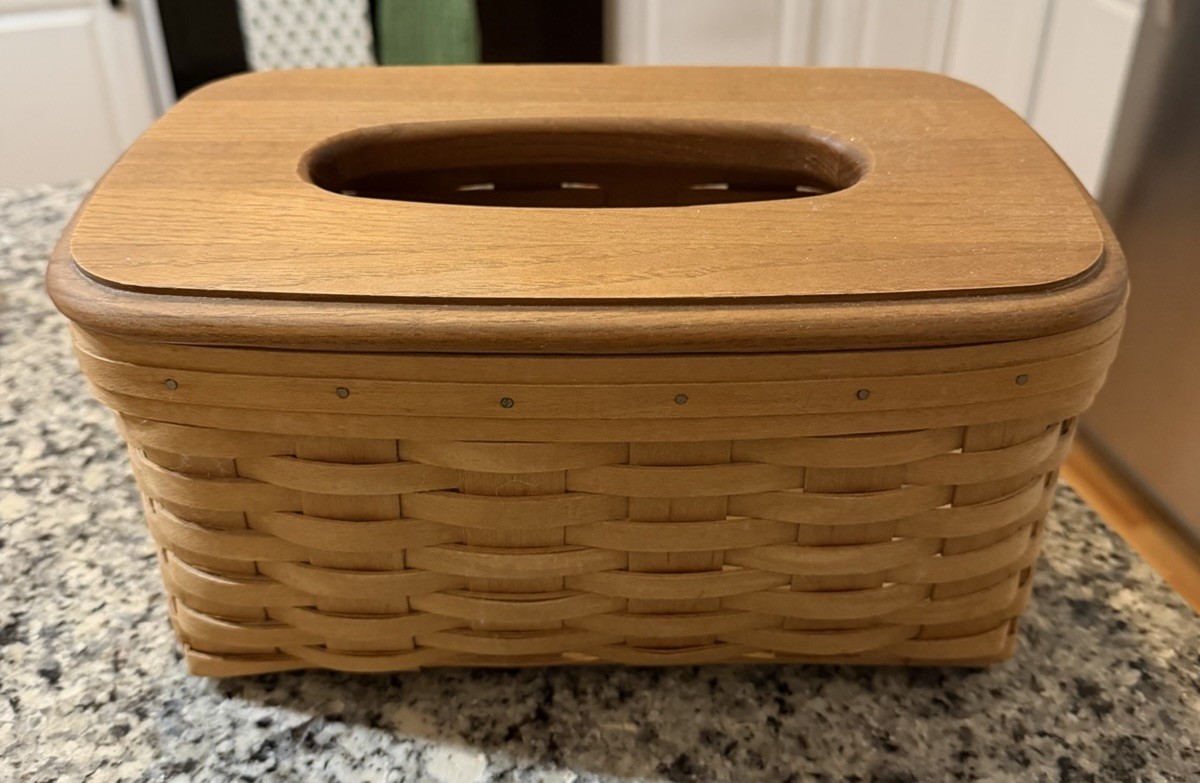 American Traditions 2000 Long Woven Tissue Box Basket & Wood Lid