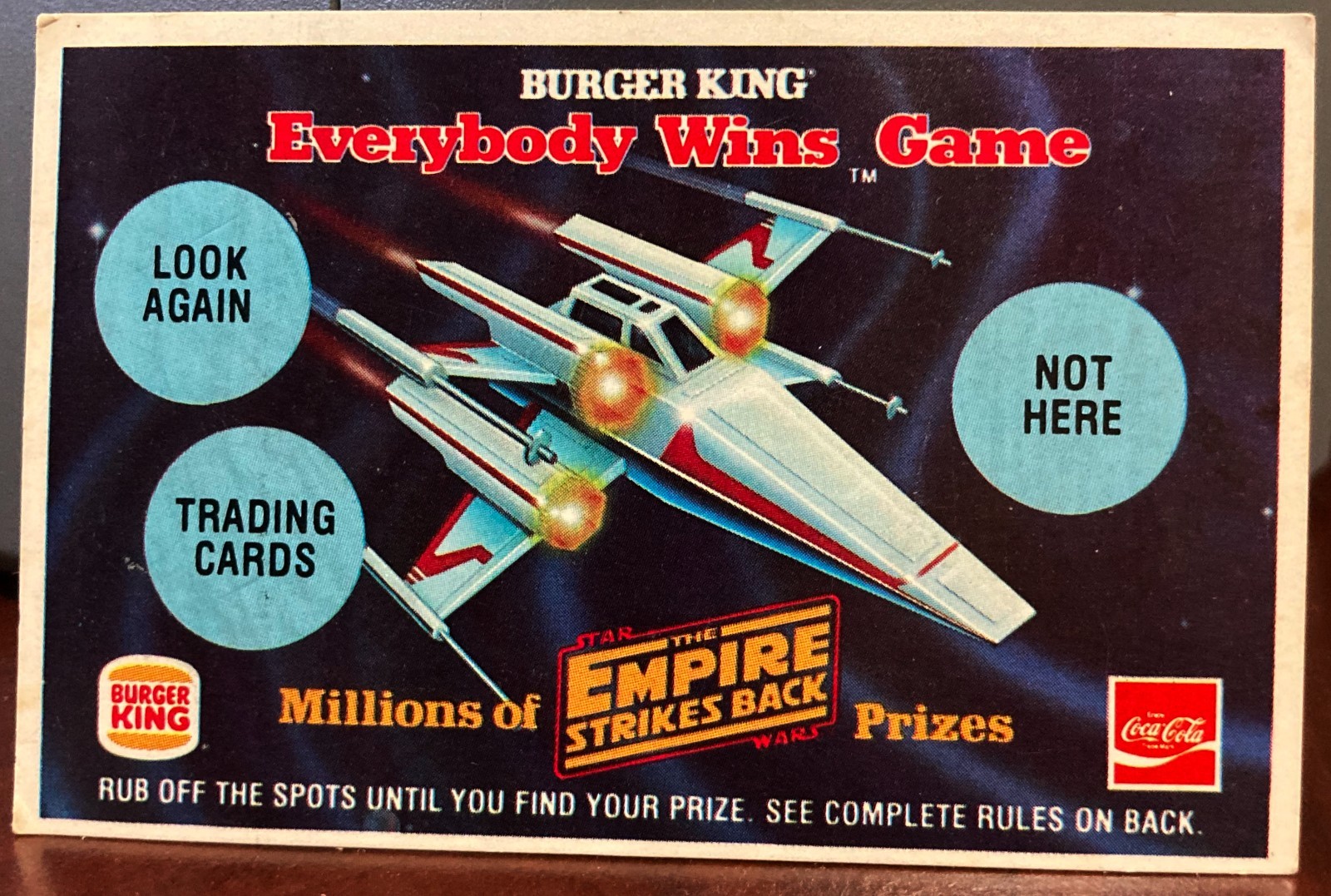 1980 BURGER KING EVERYBODY WINS GAME THE EMPIRE STRIKES BACK Game Card