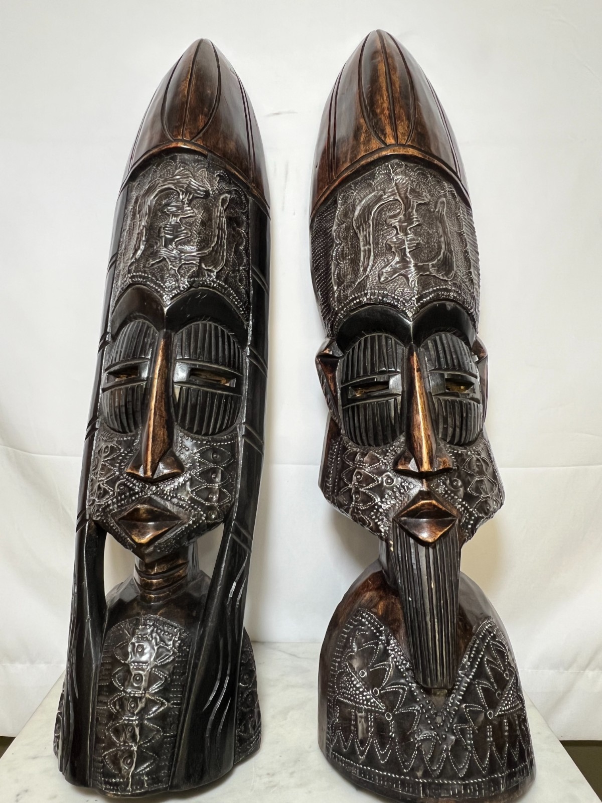 Pair 27” African Fulani Masks Gye Nyame Symbol Ghana Wall Art  Male and Female