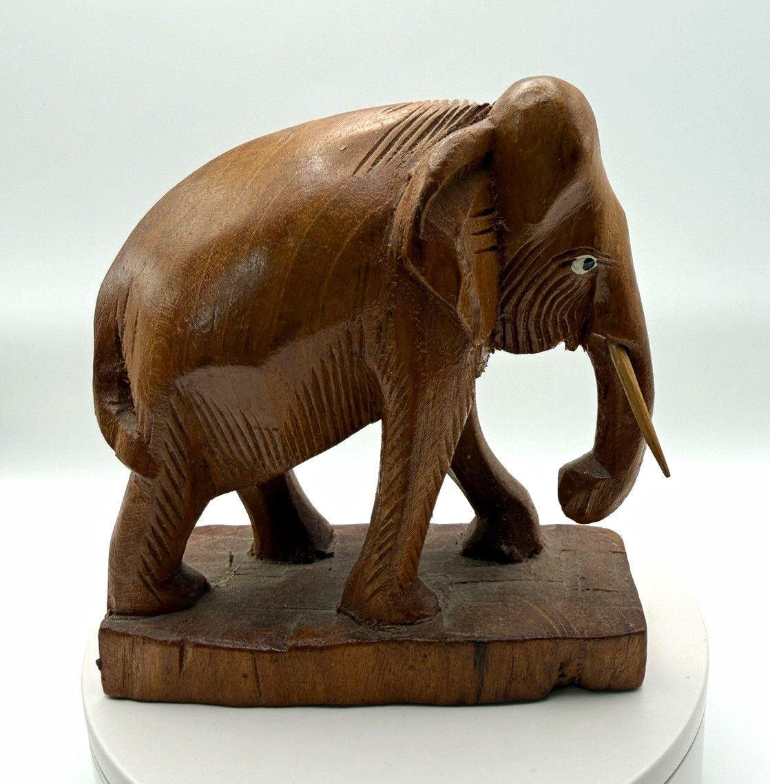 Vintage Hand Carved Wood Elephant 5” Figurine Tusks Folk Art Wooden Base