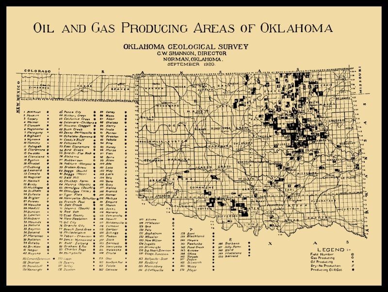 1921 Oklahoma Map of Oil & Gar Producing Areas NEW Sign: 15x20\