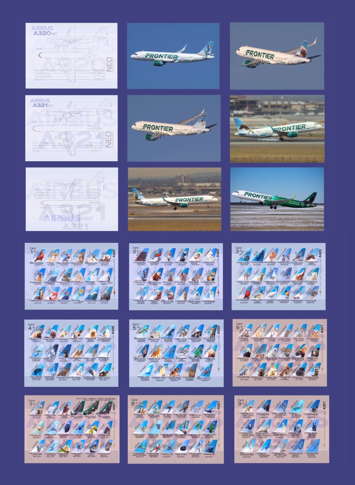 Frontier Airlines Trading Cards 9 Card Fleet Set (2 Sets) Airbus - 2.5