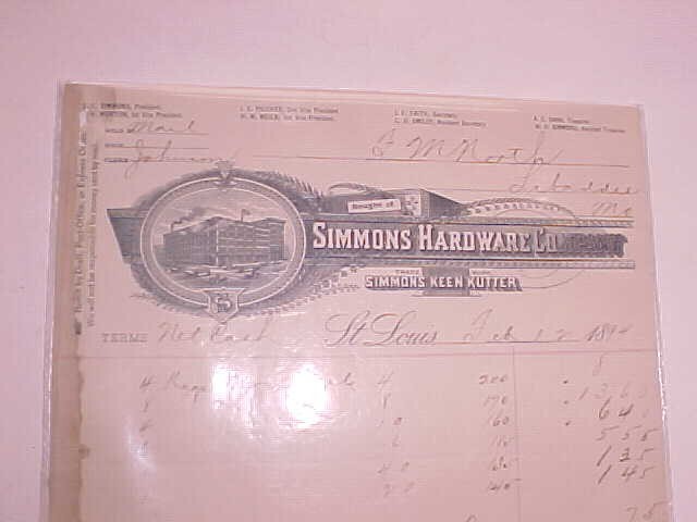 1894 SIMMON'S HARDWARE CO. KEEN KUTTER Receipt Billhead Letterhead