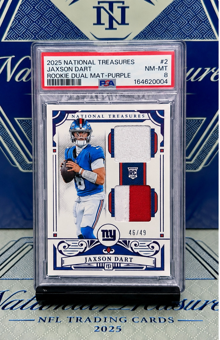 2025  NATIONAL TREASURES JAXSON DART🎯RC PURPLE HOLO DUAL PATCH SSP/49 PSA 8💎🔥