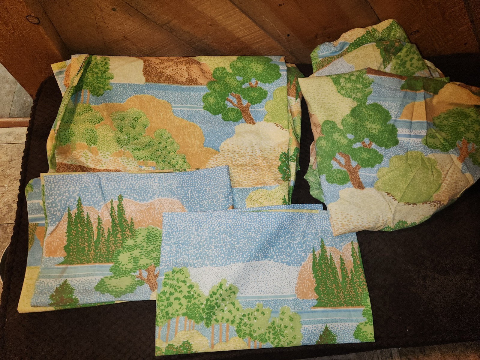 Vtg 70s Marlborough Full Sheet set Island Scenic Forest Trees 50/50 Muslin
