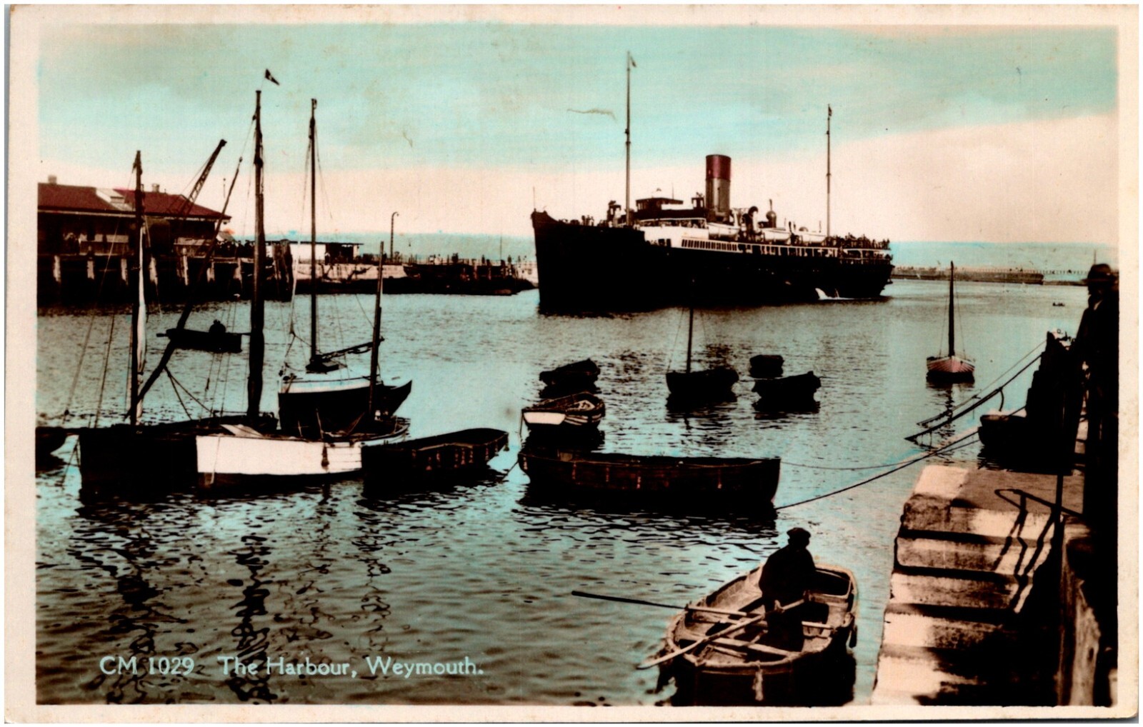 The Harbour Fishing Boats & Steamship Weymouth England 1910s RPPC Postcard UK