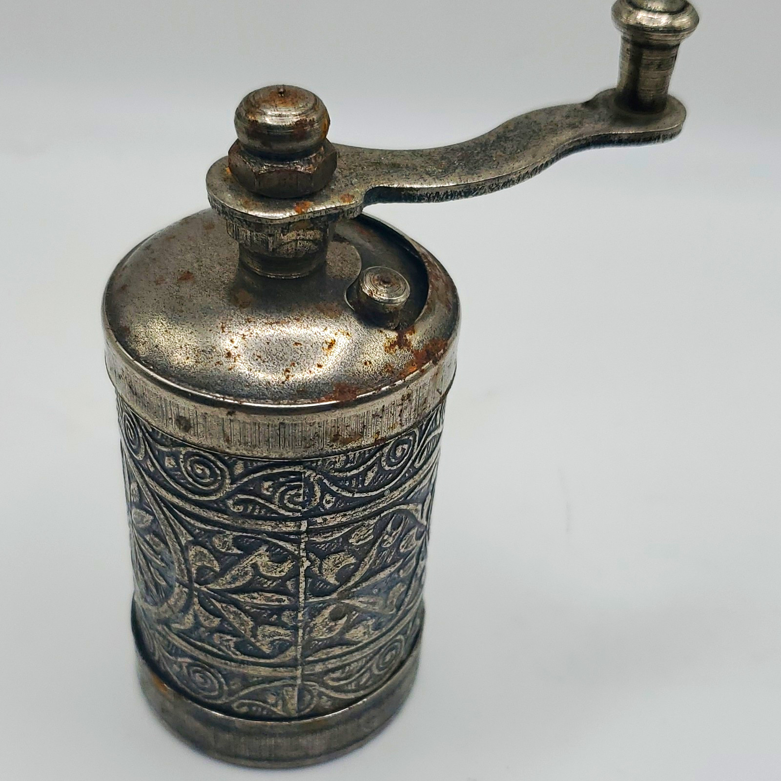 Vintage S8 Metal Hand Crank Coffee Grinder Floral Scroll Embossed Silver