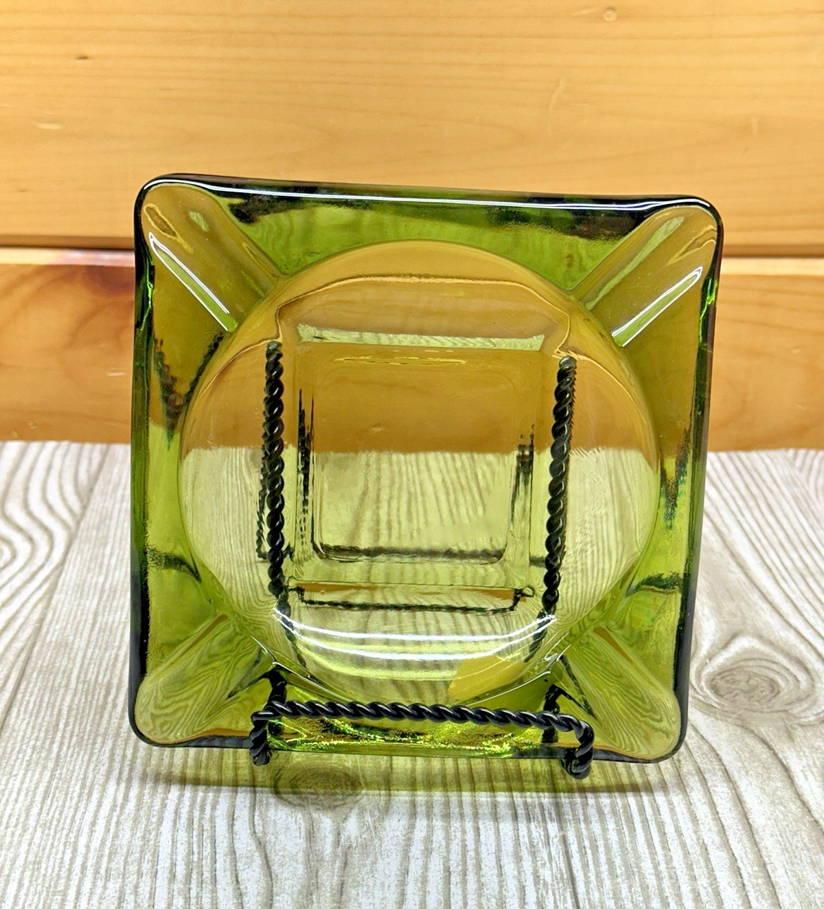 Large Vintage Beautiful Green Glass Square 6x6 Cigar Ashtray Rare Emerald MCM