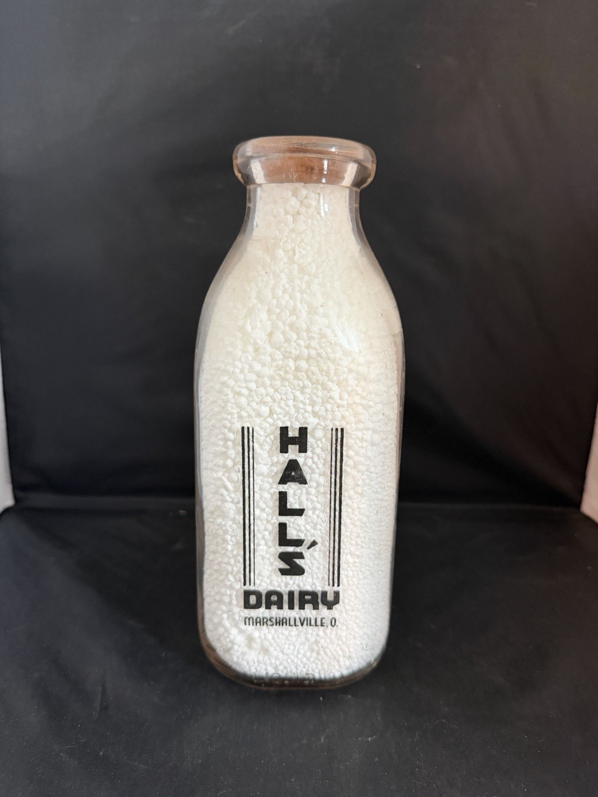 VINTAGE HALL\'S DAIRY-MARSHALLVILLE, OHIO-QUART MILK BOTTLE-BLACK PYRO.
