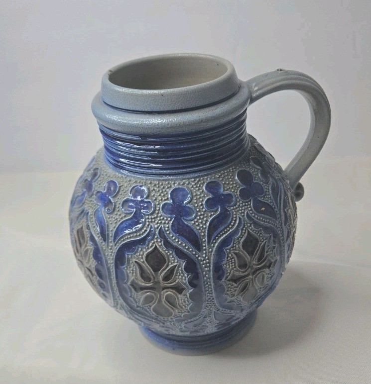 'Vintage Blue Relief Pottery Jug Vase Textured Ceramic Pitcher Mid Century Style