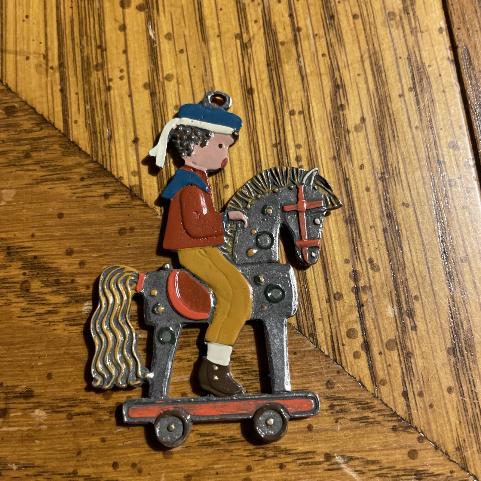Vintage KUHN ZINN Painted Enamel Pewter Boy Riding A Horse Ornament