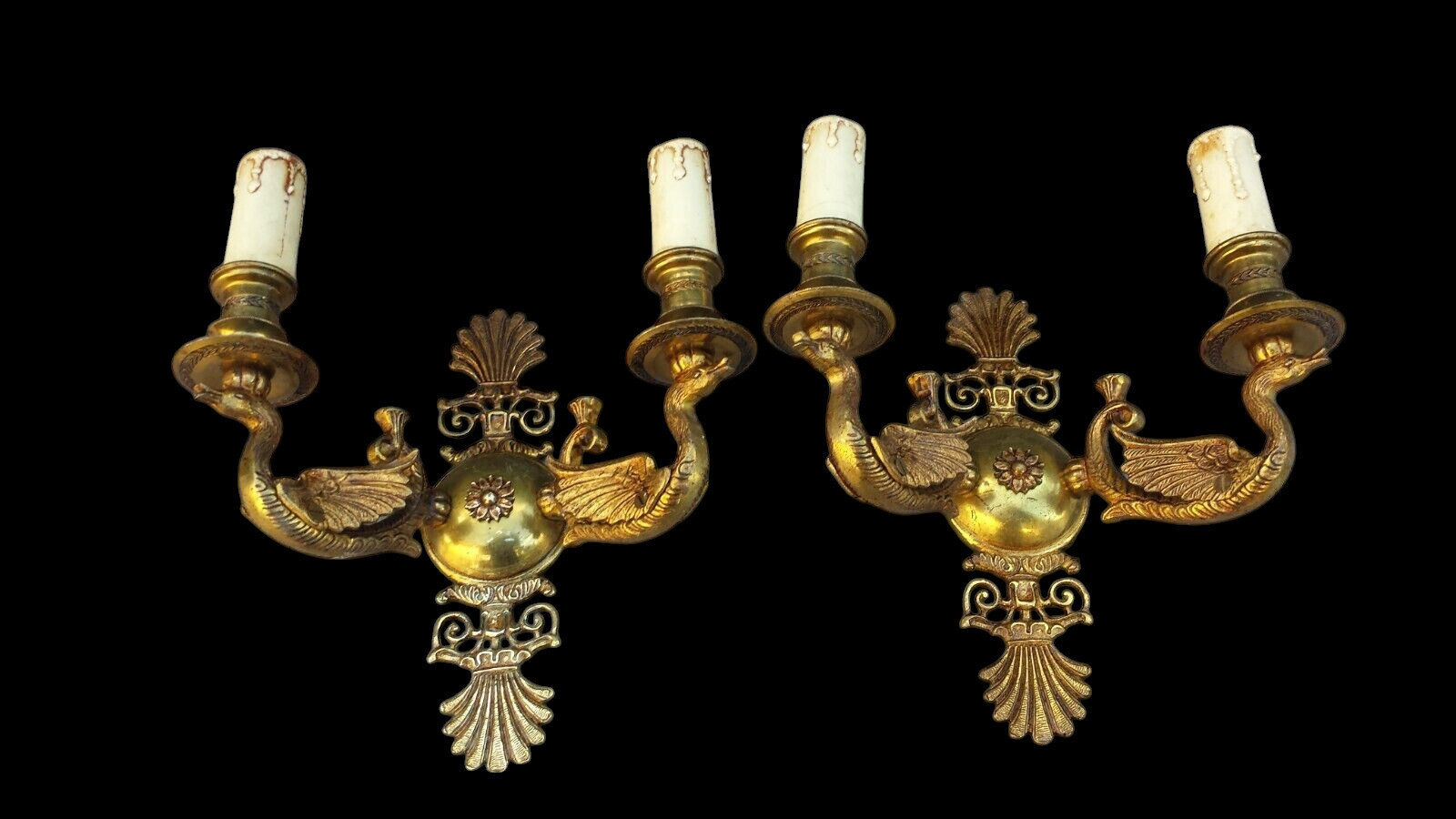 Vintage pair Empire design bronze wall lights sconces swan figural decor