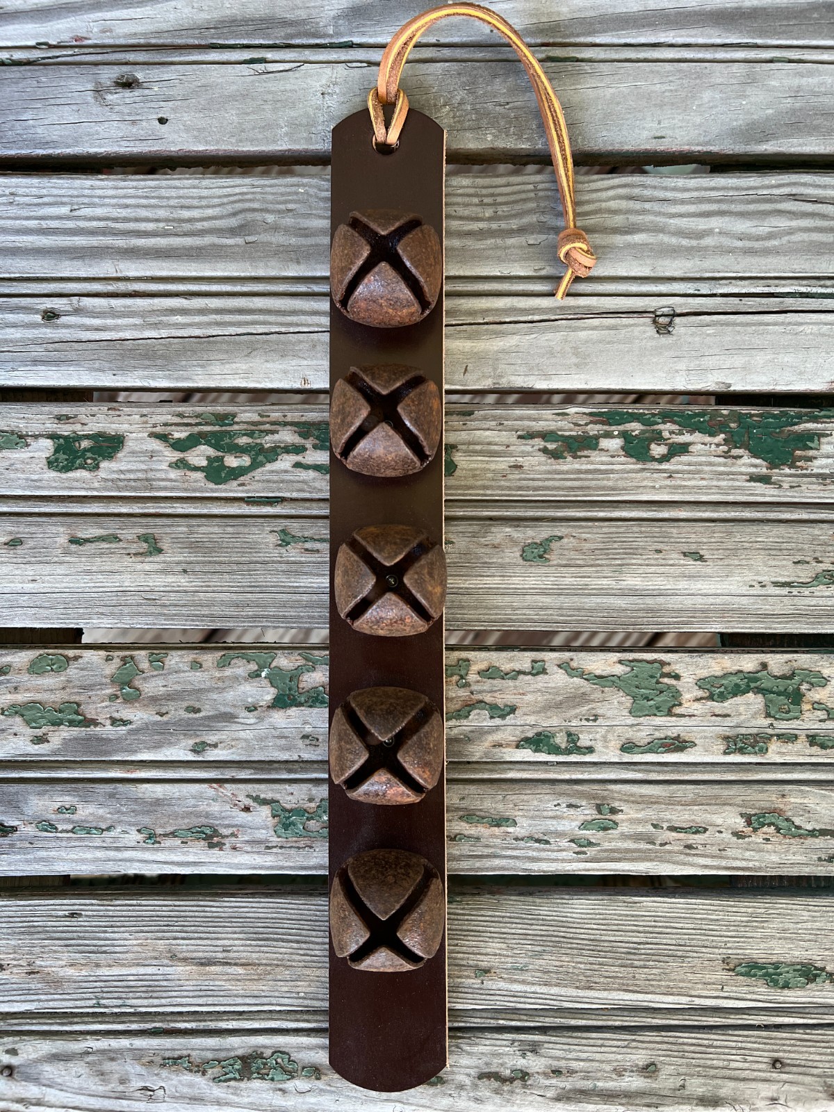 Sleigh Bells Rustic Farmhouse Decor Rusty Bells Door hanger 5 Bell Strap