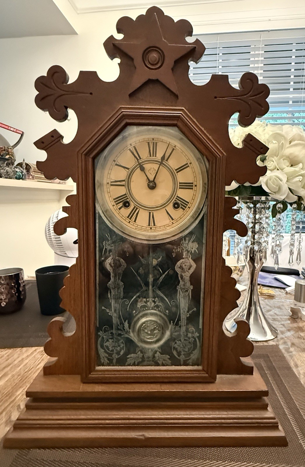 Antique Ansonia Berkeley Walnut 8-Day Gingerbread Mantel Clock Working 22.5”