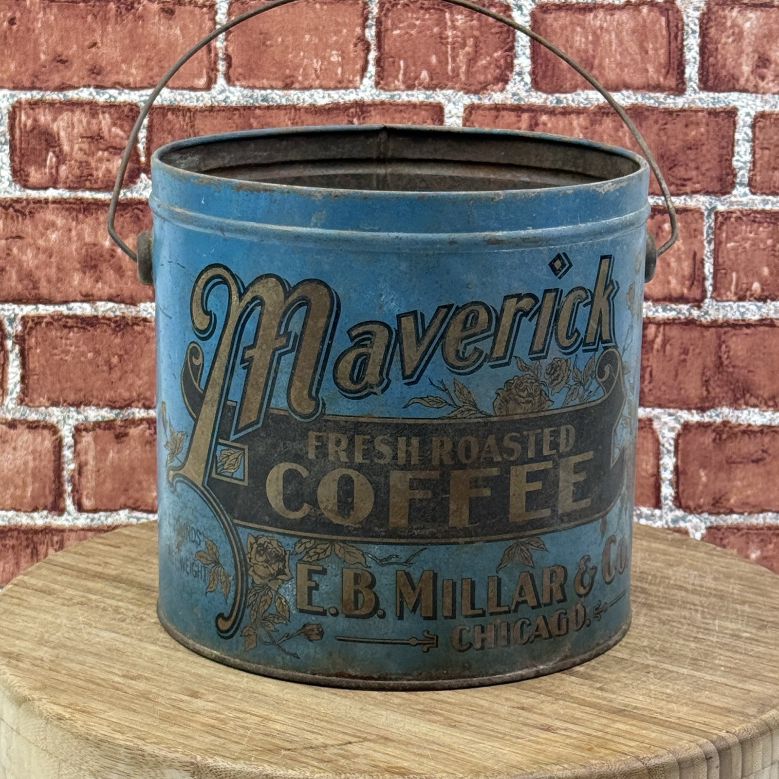 ANTIQUE MAVERICK COFFEE TIN LITHO 4LB PAIL CAN E.B. MILLAR CHICAGO GROCERY STORE