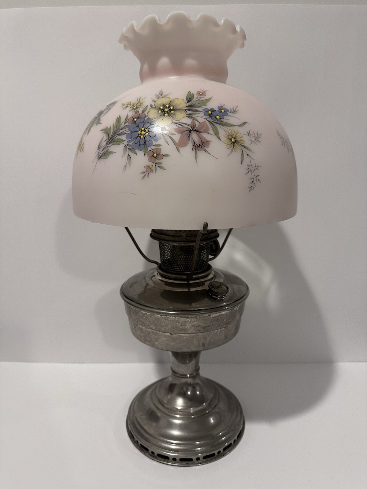 Antique Rayo Nickel Plate Oil Lamp w Vintage Milk Glass Decorated Shade