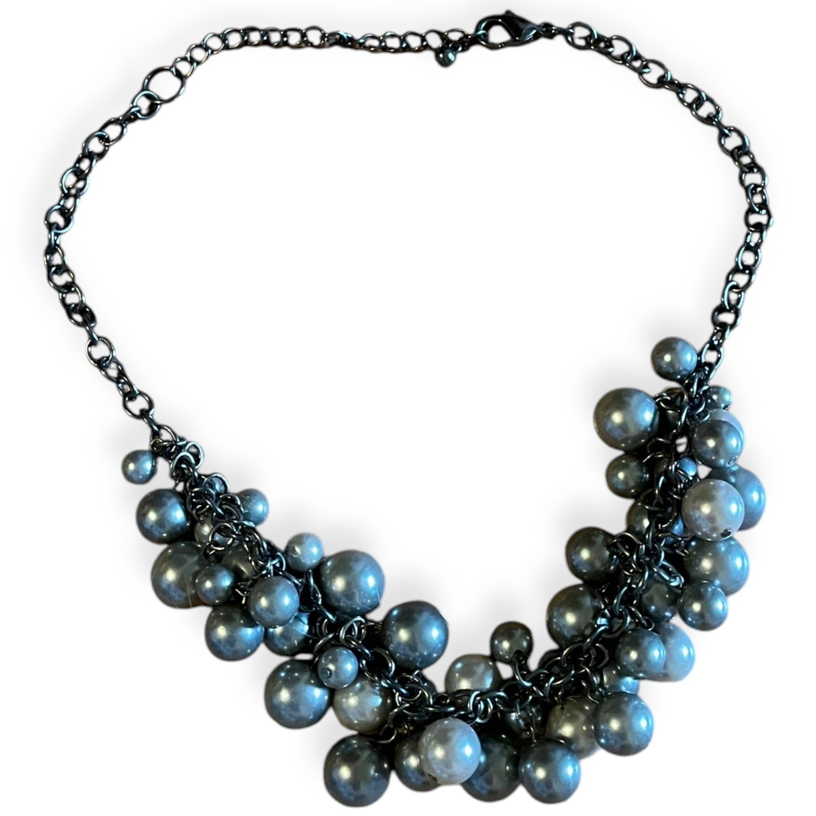 Statement Gray Faux Pearl Cluster Necklace 20” Gunmetal Chain Bubble Bib Choker
