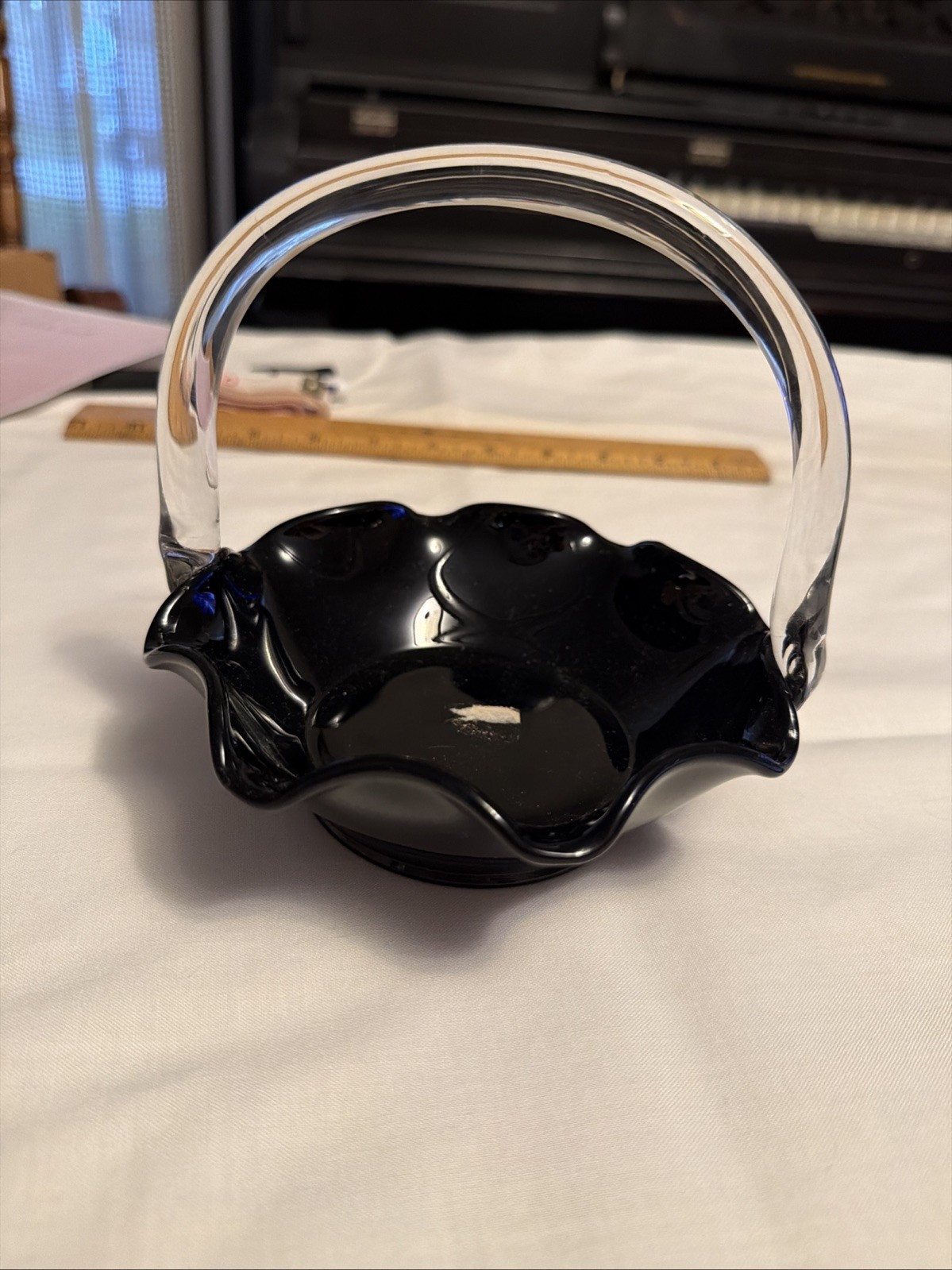 Fenton MCM Black Glass Ruffled Basket with Clear Applied Glass Handle 5” Fenton MCM Black Glass Ruffled Basket with Clear Applied Glass Handle 5”